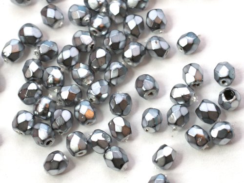 50 st Firepolished, 3 mm, Jet Heavy Metal Silver