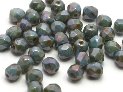 50 st Firepolished, 4 mm, Chalk White Blue Luster